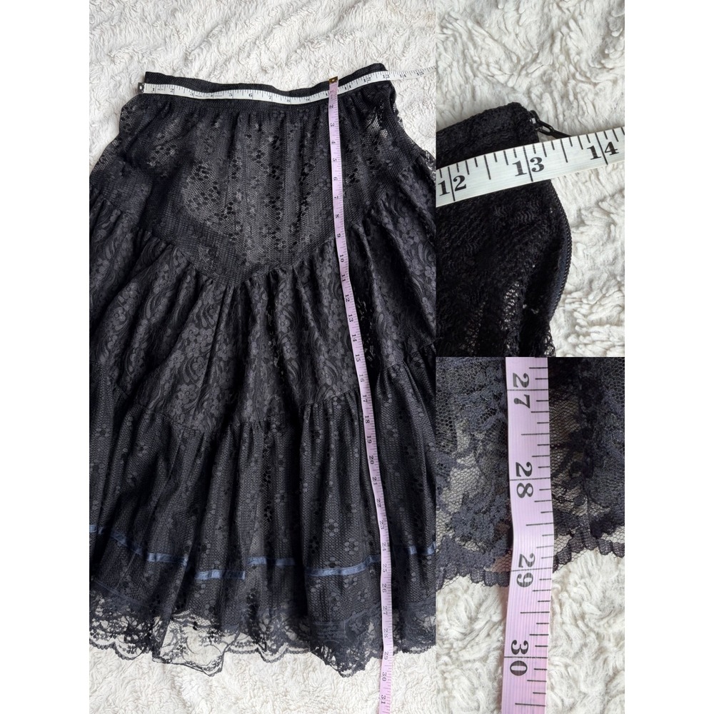Vintage Black Sheer Patchwork Lace Tiered Midi Skirt Scalloped Hem Paris France - Picture 4 of 11